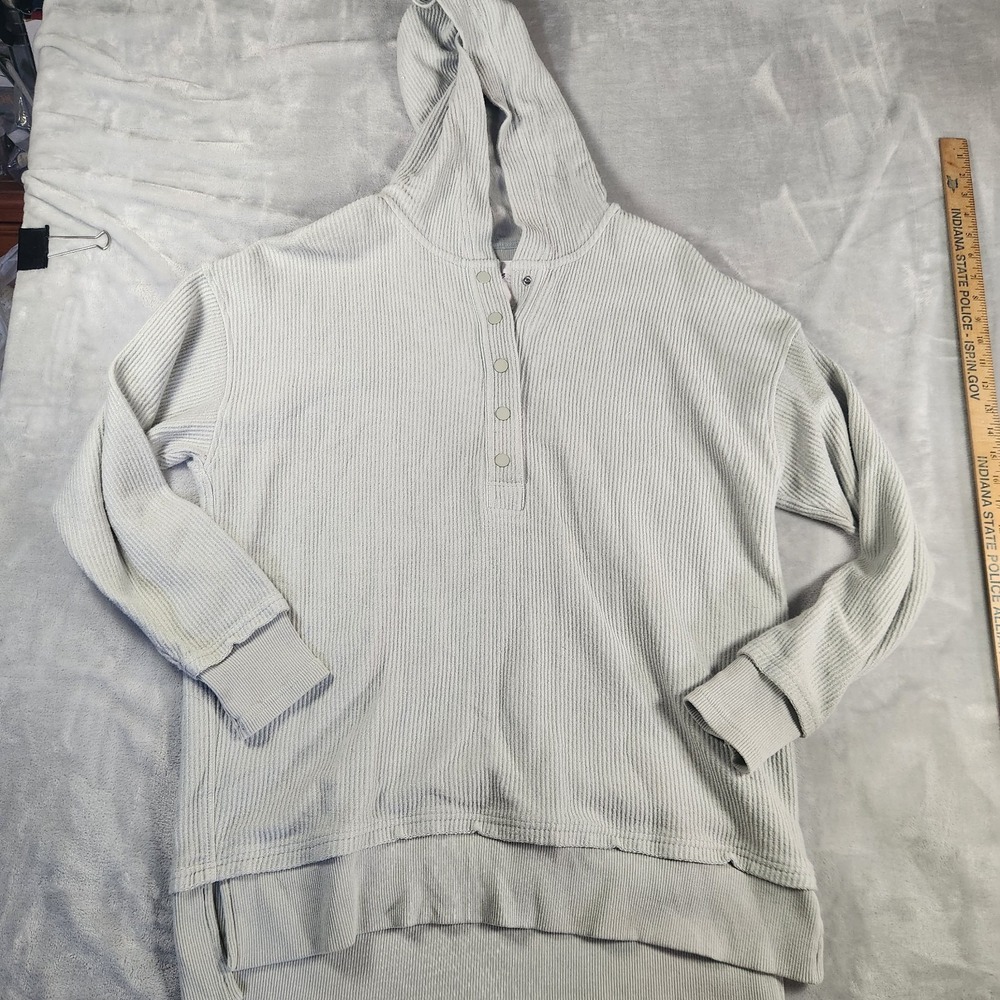 Aerie Hoodie Henley Ribbed Knit Oversize Sweater Lounge‎ Gray Cozy Beachy